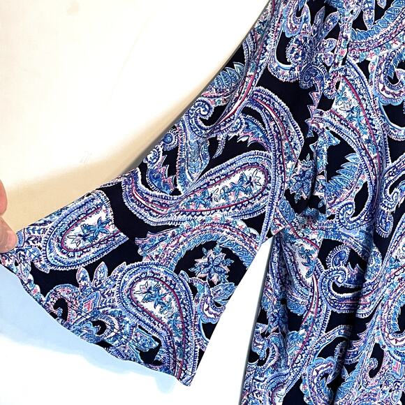 Roz & Ali Paisley Top Womens Size 2X Turquoise Pink Bell Sleeve Blouse - Picture 4 of 9